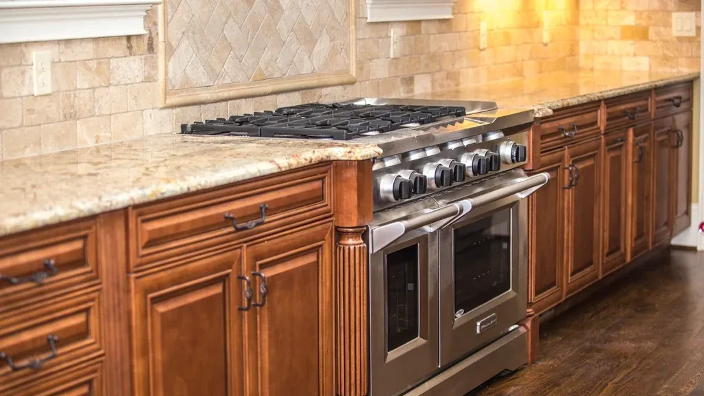 Solid-wood kitchen cabinets with a professional range